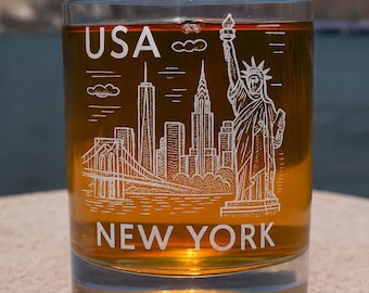 New York Skyline Whiskey Glass: Engraved USA Barware