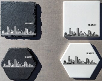 Milwaukee Wisconsin Skyline Coasters | Modern Coasters | Slate Coasters | Ceramic Coasters | Wisconsin | Milwaukee Skyline | Drink Coasters