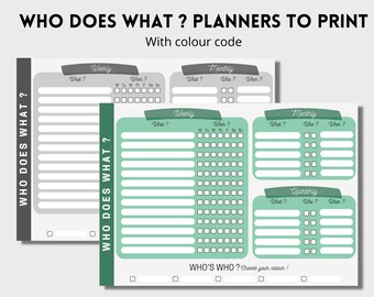 Houwework planner, PDF to download and print, Organise and divide tasks between family members, green & grey with colour code