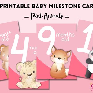Printable baby milestone cards for baby girl, pink animal theme, baby first year, pdf to download and print, english language