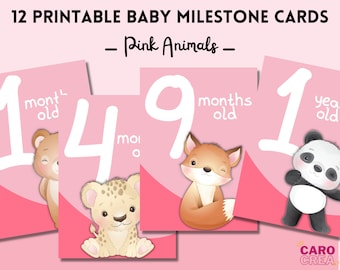 Printable baby milestone cards for baby girl, pink animal theme, baby first year, pdf to download and print, english language