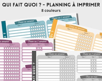 Planning des tâches ménagères, PDF à télécharger et imprimer Organisez et répartissez les tâches entre les membres de la famille, 8 couleurs