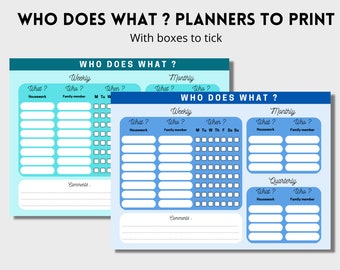 Houwework planner, PDF to download and print, Organize and divide tasks between family members, blue, with boxes to tick