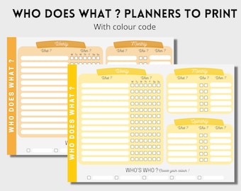 Houwework planner, PDF to download and print, Organize and divide tasks between family members, yellow