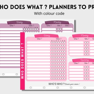 Peut inclure: Pages de planificateur imprimables avec un schéma de couleurs rose et violet. Les pages sont intitulées "Hebdomadaire", "Mensuel" et "Trimestriel" et comprennent des colonnes pour "Quoi ?", "Qui ?" et "Quand ?"
