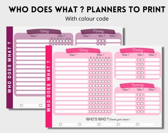 Houwework planner, PDF to download and print, Organize and divide tasks between family members, pink