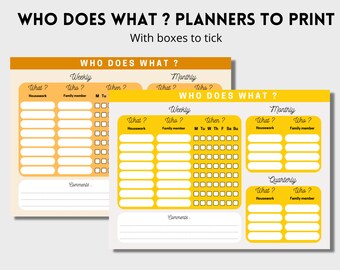 Houwework planner, PDF to download and print, Organise and divide tasks between family members, yellow & orange with boxes to tick