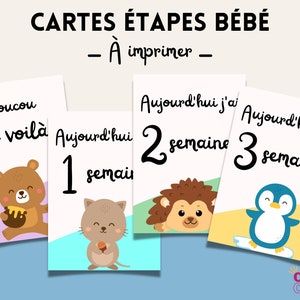 Cartes étapes bébé, PDF à télécharger avec 16 cartes à imprimer, thème animaux, Première année bébé, Français