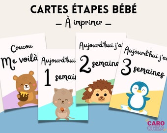 Baby milestone cards, PDF to download with 16 cards to print, animal theme, Baby's first year, French