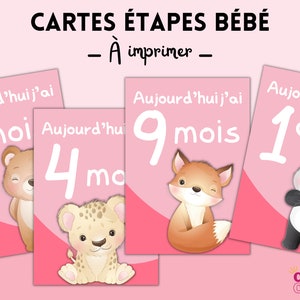 Cartes étapes bébé, PDF à télécharger avec 12 cartes à imprimer, thème animaux rose, Première année bébé, Français