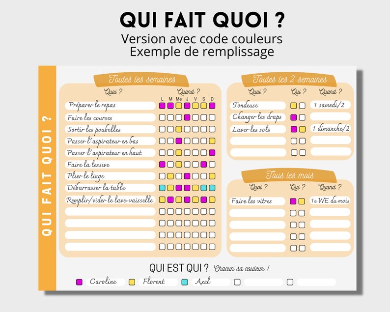 Planning des tâches ménagères, PDF à télécharger et imprimer Organisez et répartissez les tâches entre les membres de la famille, 8 couleurs image 2