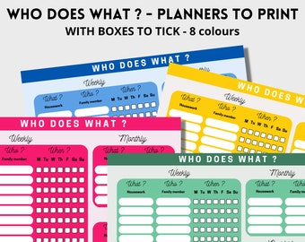 Houwework planner, PDF to download and print, Organize and divide tasks between family members, 8 colors, version 2 with boxes to tick