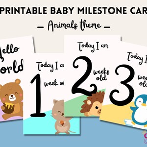 Printable baby milestone cards, animals theme, baby first year, pdf to download and print, english language
