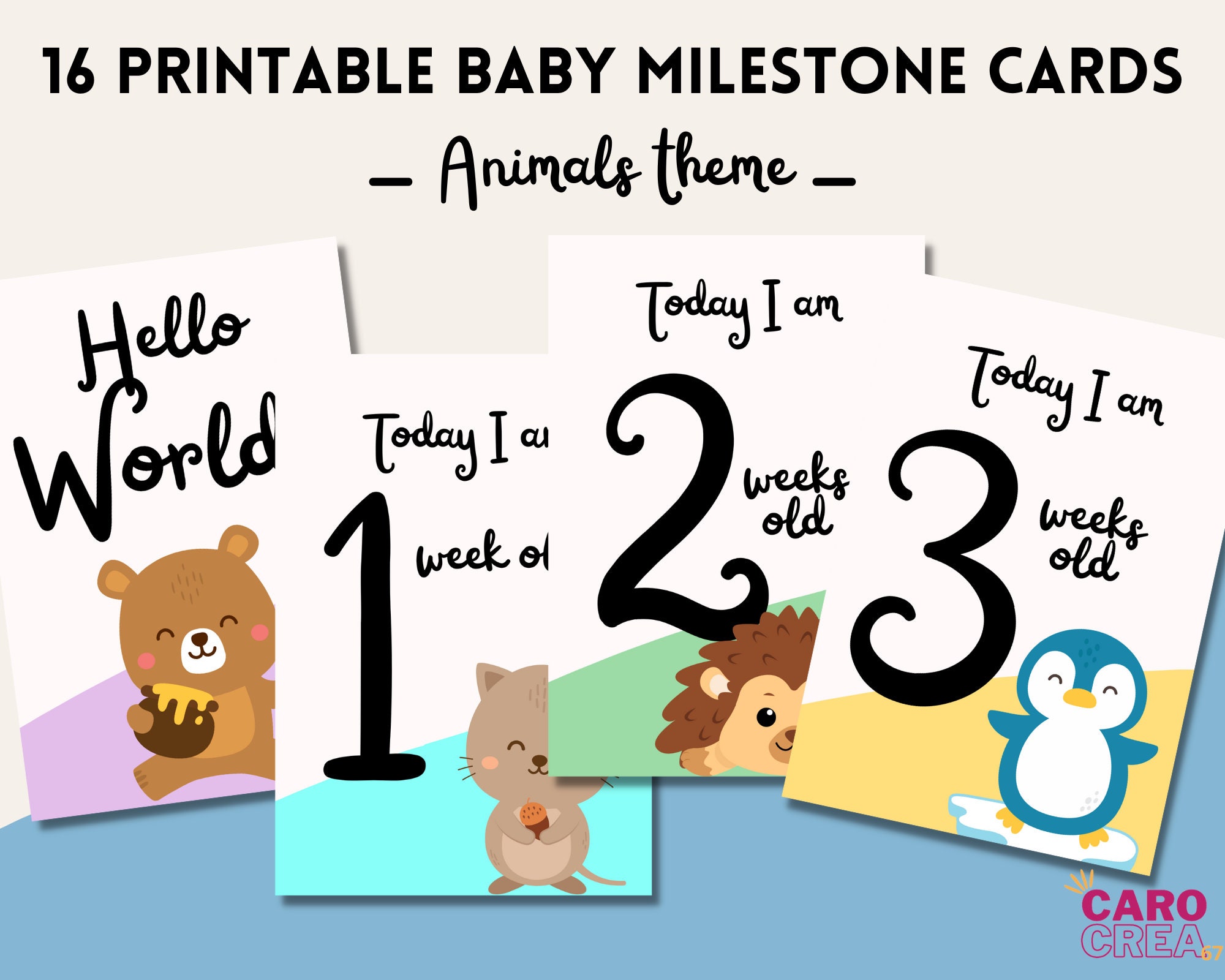 Printable Baby Milestone Cards, Animals Theme, Baby First Year, Pdf to ...