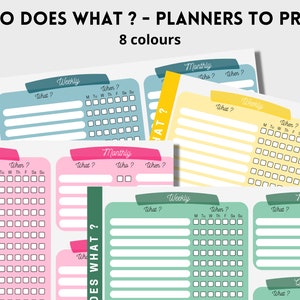 Peut inclure: Modèles de planificateur imprimables en huit couleurs différentes. Les modèles comprennent des mises en page hebdomadaires, mensuelles et trimestrielles avec des sections pour "Quoi ?" et "Quand ?" ou "Qui ?" et "Quand ?"