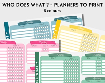 Houwework planner, PDF to download and print, Organise and divide tasks between family members, 8 colours