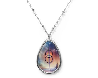 May include: A silver chain necklace with a teardrop-shaped pendant featuring a colourful abstract design with a black symbol in the centre.