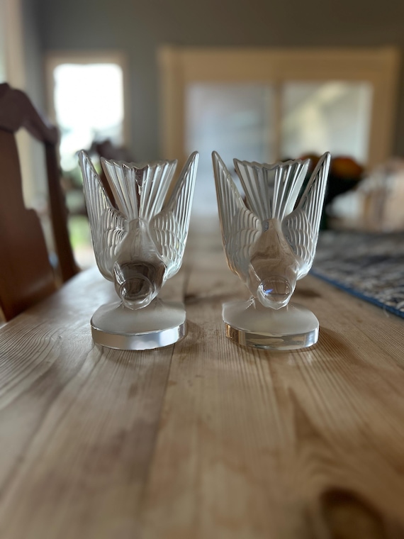 Lalique France Crystal Hirondelle Swallow Bird Sculpture Bookends