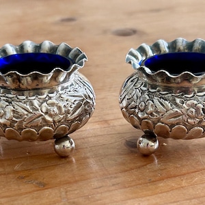 Pair of Antique Sterling Silver Salt Cellars with Cobalt Glass Liners