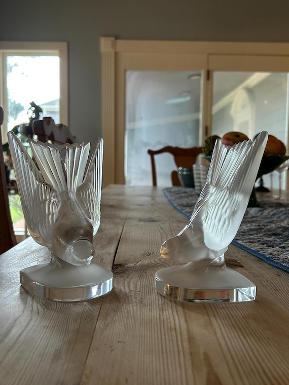 Lalique France Crystal Hirondelle Swallow Bird Sculpture Bookends