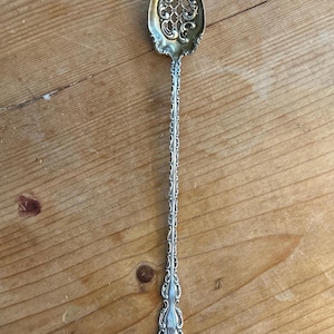 Whiting sterling silver long handle olive spoon in Louis XV pattern- Monogram SP