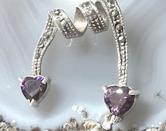 Vintage Sterling Amethyst/Crystal heart pendant,Purple Heart  pendant, Silver Double heart pendant,Sterling Marcasite Purple Heart pendant