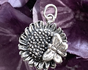 Sterling Silver Sunflower Charm, Silver Sunflower Pendant, Sterling Sunflower and butterlfy charm,Sterling Garden charm,Silver Flower charm,