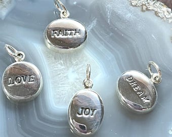 Sterling Message Charms, Silver Word Charms, Sterling Engraved charms ,Vintage Message pendants, Mindfulness charms, Peace,Joy, Faith