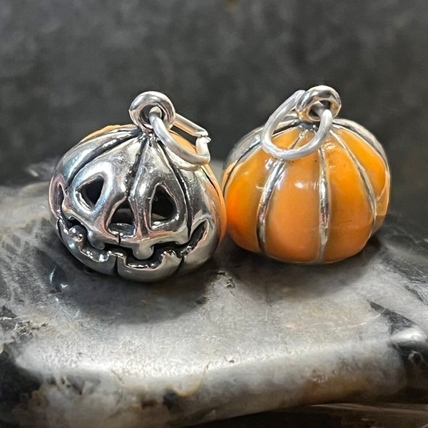 Enameled Orange Pumpkin charm,Sterling 3D pumpkin charm,Silver pumpkin,Sterling Halloween charm,Halloween jewelry,Sterling Pumpkin charm