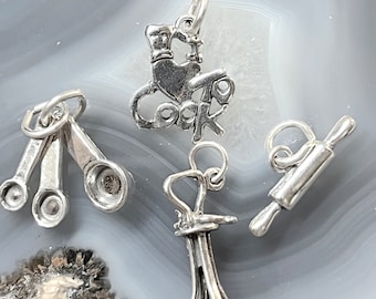 Sterling Baking charms, Silver Cooking Charms, Sterling Rolling pin, Sterling Measuring spoons, Sterling Whisk, I Love to Cook charm
