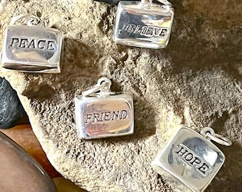 Sterling Message Charms, Silver Word Charms,Sterling Engraved charms ,Vintage Message pendants, Mindfulness charms,Hope,Peace,Believe,Friend