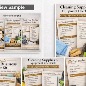 May include: Printable checklists and trackers for cleaning businesses. Includes checklists for supplies and equipment, a profit tracker, and client cleaning checklists. The design features a neutral colour palette with cleaning supplies.