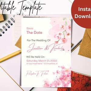 Pink watercolor Elegant Wedding Invitation, Canva Wedding Template, Editable Minimalist Wedding Invite, Minimalist Invite