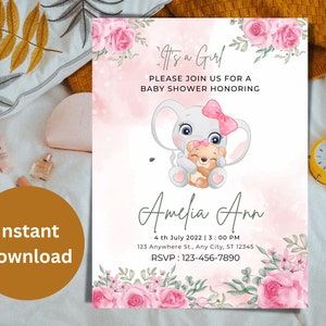 Elephant Blush Pink Baby Shower Invitation Template, Baby Shower Invite, Printable Baby Shower Invitation, Canva Instant Download