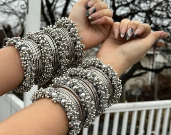 Oxidized Silver Jhumki Bangle Set, Tassel Bracelets