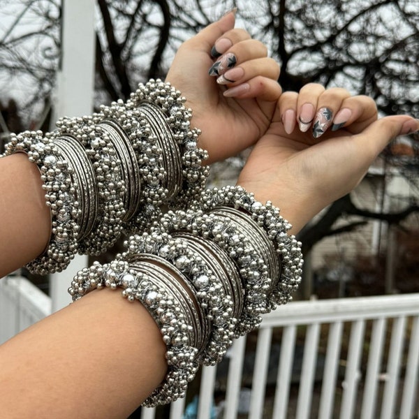 Oxidized Bangle Set With Silver Tassel Bangles, Silver Jhumki Bangles, Fashion Jewelry, Set of bangles, Silver bracelet bangles