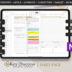 May include: A digital planner app on a tablet screen with a daily page layout. The app features a weekly view, customizable options, and free training. The app is called "Key2Success Executive Planner".
