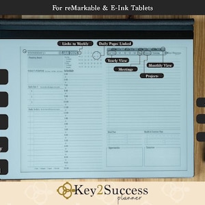 May include: A blue and white digital planner designed for use with reMarkable and E-Ink tablets. The planner features a weekly schedule, daily pages, yearly view, meetings, and projects. The planner is hyperlinked, fast loading, and has landscape and portrait view options. The planner is designed for use with both right and left hands.