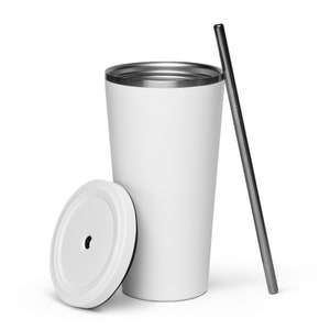 May include: White stainless steel tumbler with a lid and a silver straw. The tumbler has a silver rim and a white lid.
