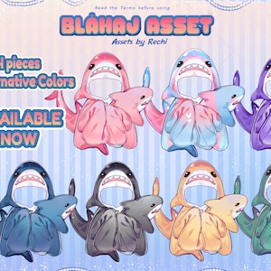 May include: An illustration showcasing shark-themed assets in a range of colours, such as pink, blue, purple, and yellow. The image displays multiple shark-shaped hooded garments and additional shark accessories. The text on the image reads "BLAHAJ ASSET" and "AVAILABLE NOW".