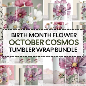 October Cosmos Tumbler Wrap Bundle: Watercolor Floral PNG (Digital Download)