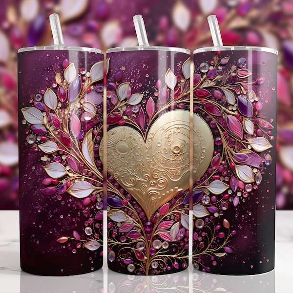 Self Love Tumbler Wrap PNG, 3D Purple Gold Heart Jewels 20oz Skinny Sublimation Design, Straight & Tapered, Fancy Floral Wedding Valentines