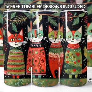 Christmas Cats Tumbler Wrap PNG Design 20oz Skinny, Whimsical Xmas, Straight & Tapered Format Sublimation Graphic, Free Gift, Commercial Use