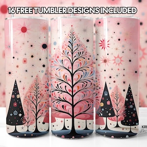 Pink Christmas Tree Tumbler PNG: Folk Art Forest (Digital Download)