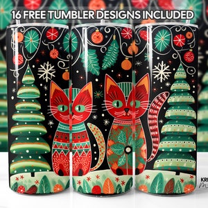 Christmas Cats Tumbler Wrap PNG Design 20oz Skinny, Whimsical Xmas, Straight & Tapered Format Sublimation Graphic, Free Gift, Commercial Use