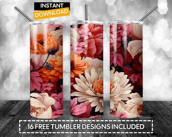 May include: Three stainless steel tumblers with floral designs. The tumblers feature a variety of flowers in shades of pink, orange, and white. The text "16 FREE TUMBLER DESIGNS INCLUDED" is at the bottom of the image.