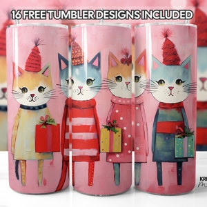 Christmas Cats Tumbler Wrap PNG Design 20oz Skinny, Whimsical Xmas, Straight & Tapered Format Sublimation Graphic, Free Gift, Commercial Use