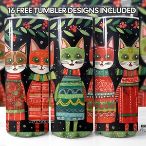 Christmas Cats Tumbler Wrap PNG Design 20oz Skinny, Whimsical Xmas, Straight & Tapered Format Sublimation Graphic, Free Gift, Commercial Use