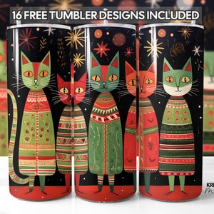 Christmas Cats Tumbler Wrap PNG Design 20oz Skinny, Whimsical Xmas, Straight & Tapered Format Sublimation Graphic, Free Gift, Commercial Use