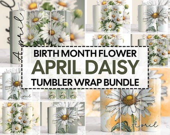 Paquete de envoltorios para vasos de margaritas: Flor de nacimiento de abril, acuarela PNG (descarga digital)